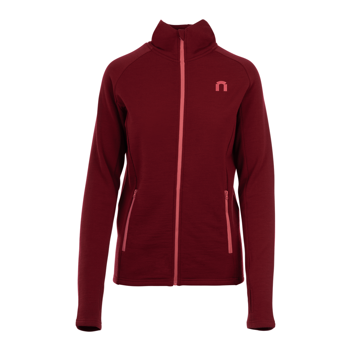North Outdoor Intense pro 250 naisten välikerroksen merinofleece vetoketjuhuppari värissä raparperinpunainen, mulesing-vapaa merinovilla. Suunniteltu Suomessa. Täydellinen tekniseen kerrospukeutumiseen. -