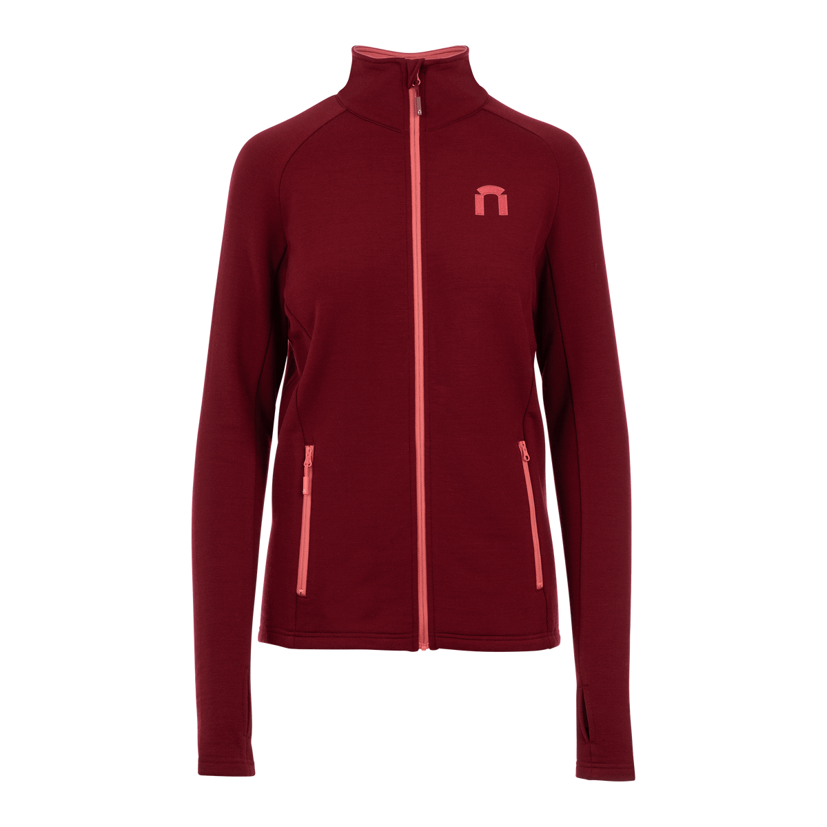 North Outdoor Intense pro 250 naisten välikerroksen merinofleecetakki värissä raparperinpunainen, mulesing-vapaa merinovilla. Suunniteltu Suomessa. Täydellinen tekniseen kerrospukeutumiseen. -