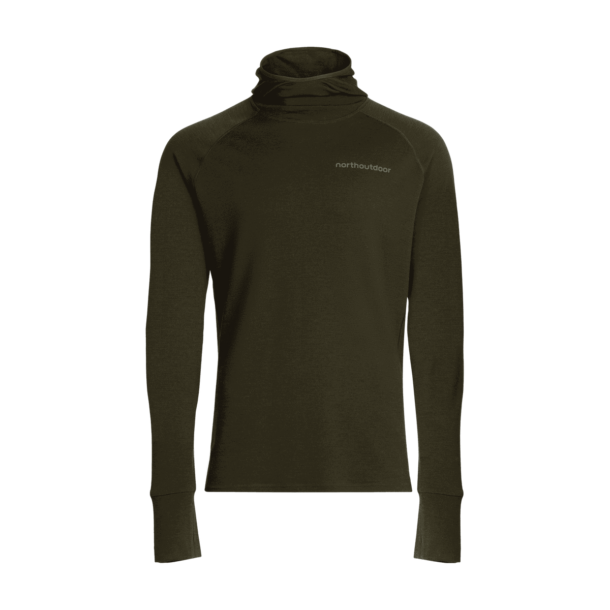 North Outdoor Sensitive 225 Herren-Merino-Baselayer-Hoodie in Dunkeloliv, mulesingfreie Merinowolle. Entworfen in Finnland. - 
