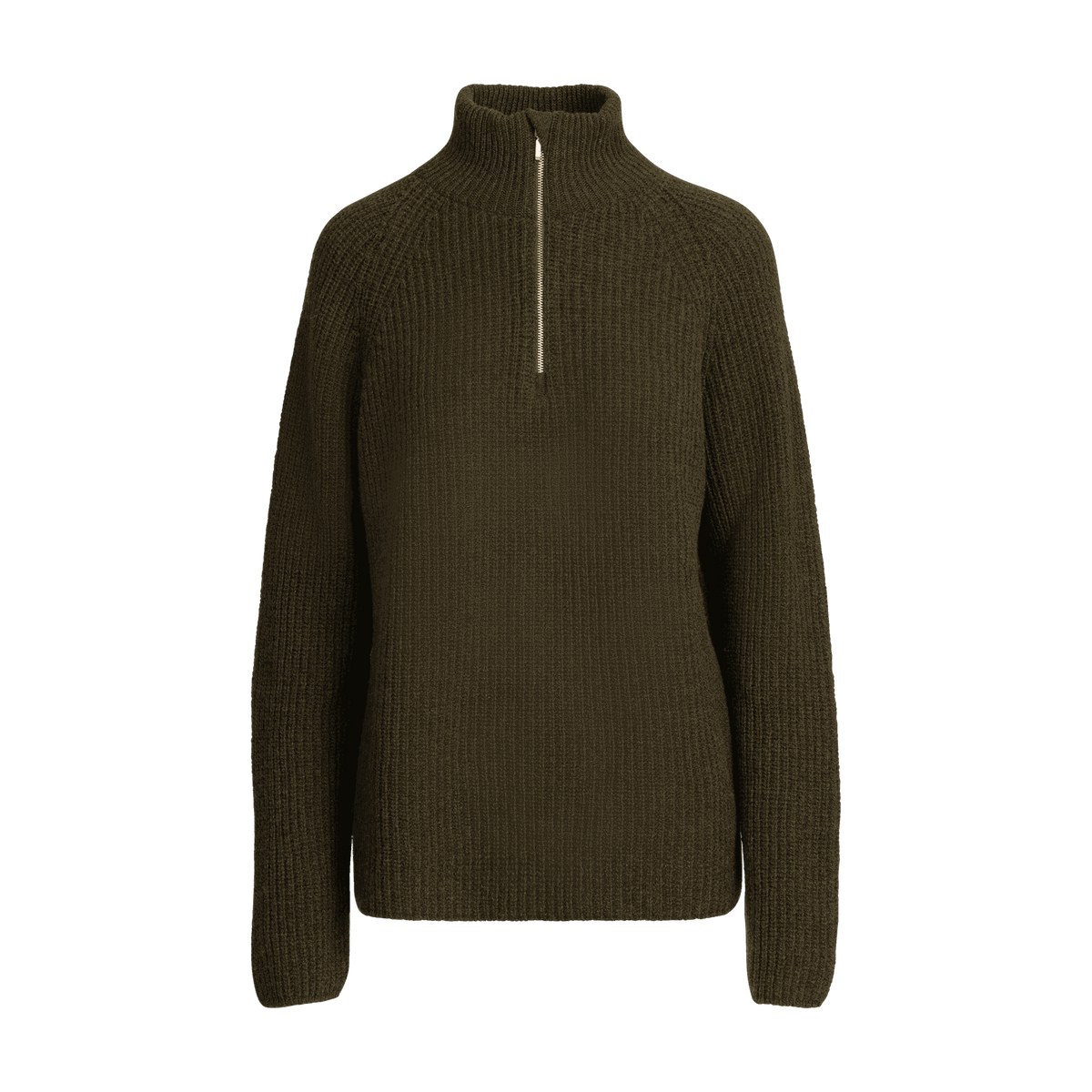 North Outdoor Magnolia naisten half zip merinoneulepusero värissä tumma oliivi, mulesing-vapaa merinovilla. Valmistettu Suomessa. - 