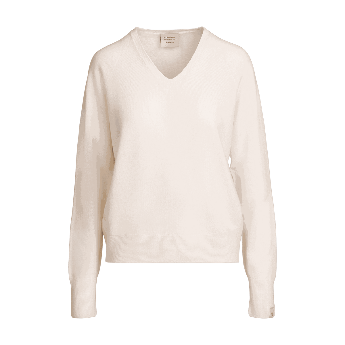 North Outdoor Kide naisten V-neck merinoneulepusero värissä lumenvalkoinen, mulesing-vapaa merinovilla. Valmistettu Suomessa. - 