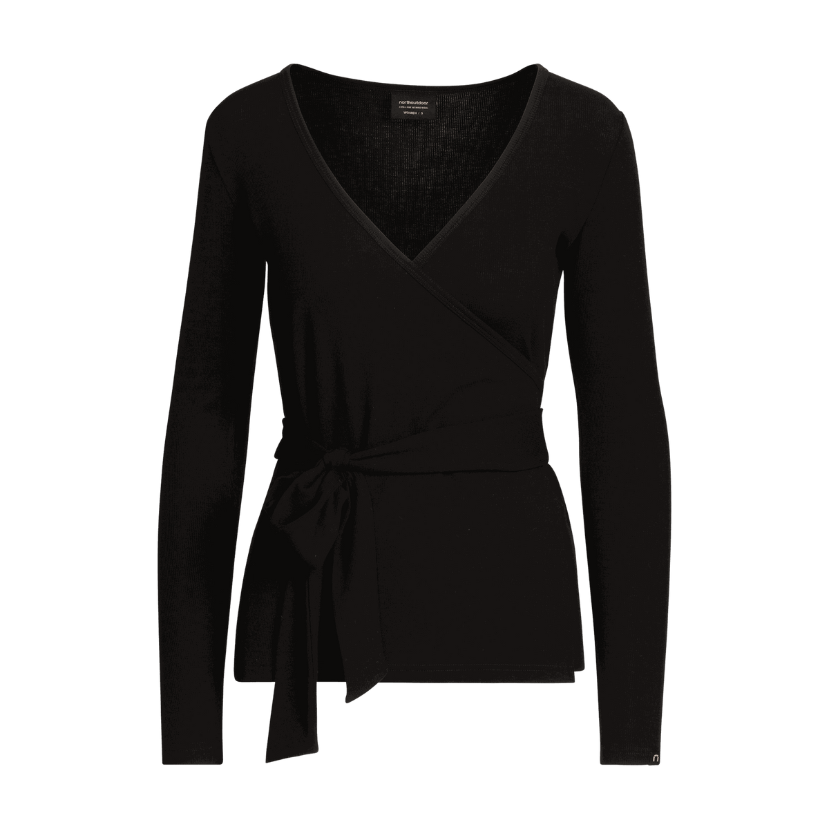 North Outdoor Lou women's merino wrap top in black, mulesing-free merino wool. Designed in Finland. - 